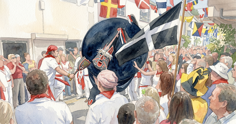A black-sailed Padstow 'Obby 'Oss towering above a crowd in white shirts and red neckerchiefs, a Cornish flag held high, bunting strung across the narrow street.