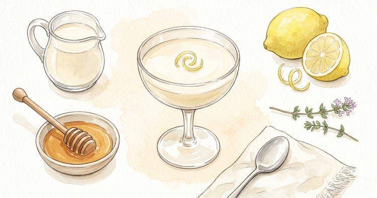 Two honey and lemon possets in pressed glass coupes on a stone windowsill with a halved lemon, ceramic honey bowl and dipper, thyme sprigs, and a silver spoon.