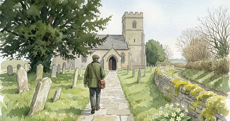 English parish church in spring, churchyard with ancient yew trees, unmown grass with primroses, moss-covered stone boundary wall.
