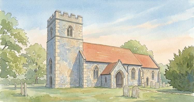 Watercolour view of St Mary's, Reed: a small Saxon church with a stocky flint tower, long-and-short quoin work, terracotta tiled nave and weathered headstones.