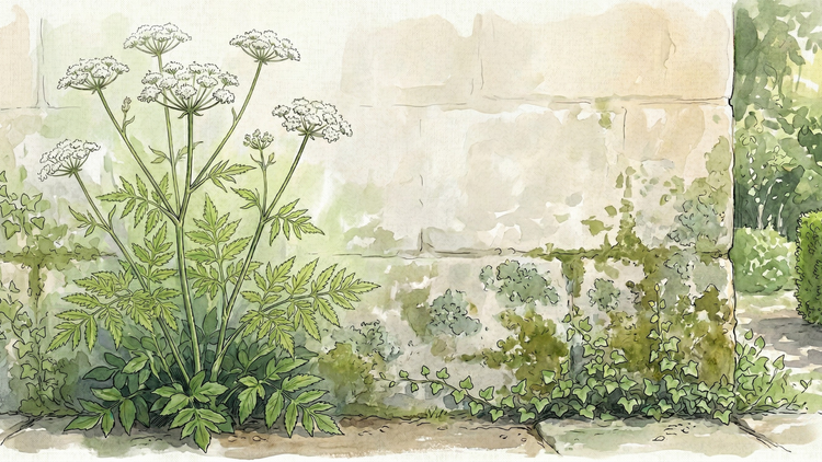 Sweet cicely (Myrrhis odorata) in full white flower against the shaded north side of a weathered cottage garden wall, with moss, lichen, and trailing ivy at the foot.