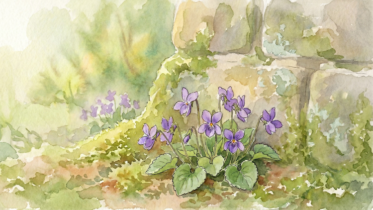 Sweet violets low to the ground at the base of an old wall, deep purple petals, soft natural light.