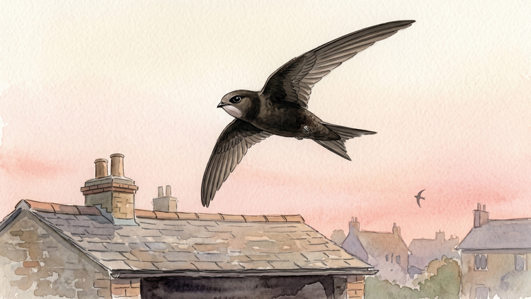 A common swift in flight banks over a slate village rooftop at dusk, its long sickle-shaped wings extended, pale throat patch visible, with a distant second swift in the pink sky.