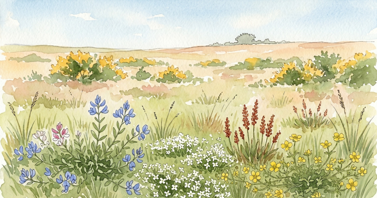 Watercolour of lowland acid heath at ground level. Blue milkwort, white heath bedstraw, rust-red sheep’s sorrel and yellow tormentil in short turf, gorse in yellow flush behind, low horizon.
