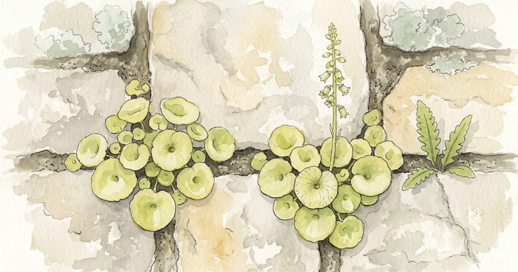 Watercolour botanical study of wall pennywort on a West Country stone wall. Two colonies of round cupped leaves emerge from a mortar joint, with one slender flower spike and a fern frond.