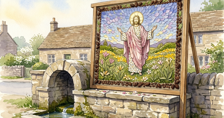 Tissington well dressing on Ascension Day: a wooden board taller than a person set behind a low stone village well, a biblical scene of a haloed figure built petal by petal in wet clay.