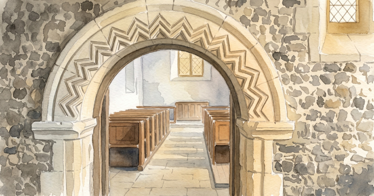 A Norman round arch with chevron moulding in a small flint church, looking through toward the nave with wooden pews, a flagstone floor, and a leaded window at the far end.