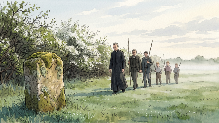 A vicar in black cassock leads two churchwardens carrying long willow wands and three small boys with shorter wands, past a weathered moss-covered boundary stone on a field path.