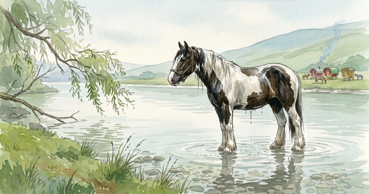 A piebald cob stands alone in a shallow river, its wet coat shining and rings spreading from its legs, with painted bow-top caravans gathered on the far bank below green fells.