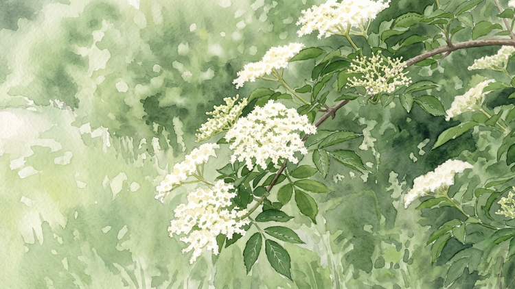 Elder branch (Sambucus nigra) in full June flower: creamy white flower heads and dark green pinnate leaves arching over a soft green watercolour hedgerow background.