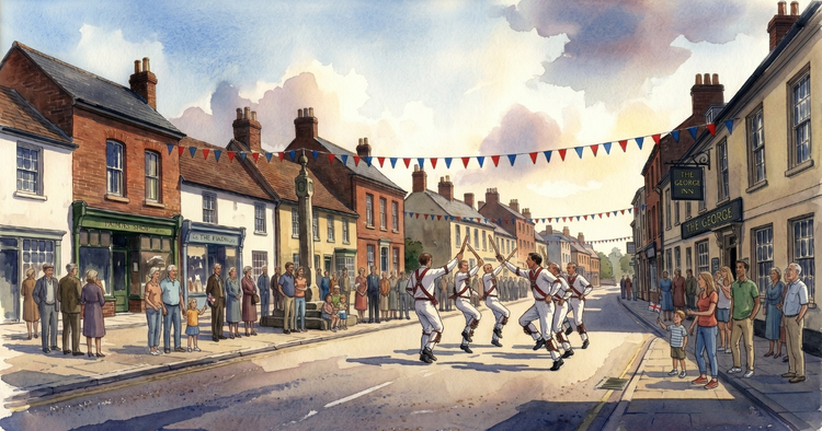 Morris dancers performing in a bunting-strung English market-town street, a crowd watching from both pavements and a tall inn on the right, watercolour.