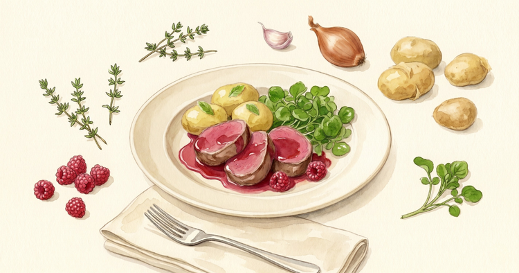 A white plate of sliced roe venison in deep-red raspberry sauce, with buttered Jersey Royals and watercress, ringed by thyme, a shallot, garlic, raspberries and new potatoes on cream paper. 