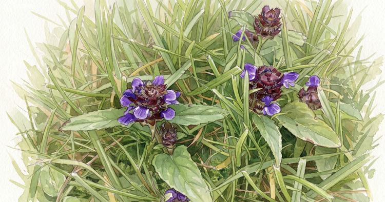 Self-heal in rough grass: short, dark maroon, bristly flower-heads studded with small violet two-lipped flowers, among paired oval leaves and tangled grass blades.