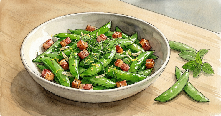 A white bowl of pan-seared sugar snap peas, bright green, dotted with cubes of crisp pancetta, lemon zest and shredded mint, raw pods and a mint sprig beside it on wood, watercolour.
