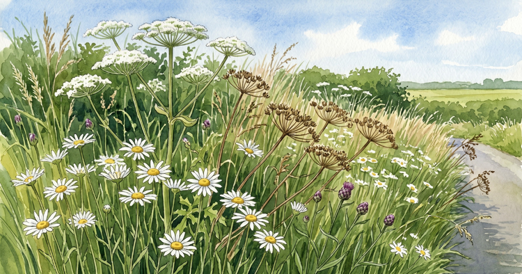 A summer road verge in flower: ox-eye daisies in front, browned cow parsley and hogweed seedheads behind, tall grasses and purple knapweed, with green fields and a hedge beyond. 