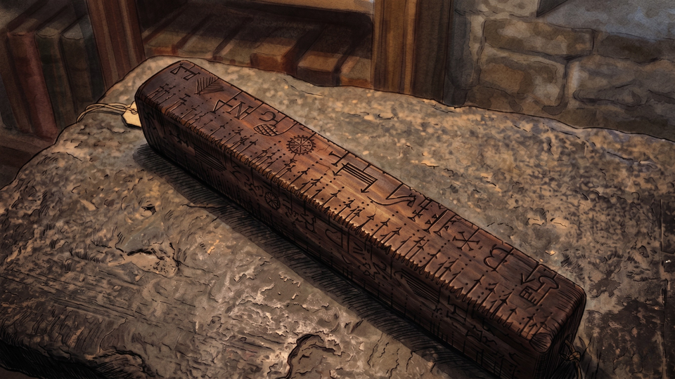 Close-up of a weathered carved wooden surface showing notched symbols and marks, warm light falling across the grain.