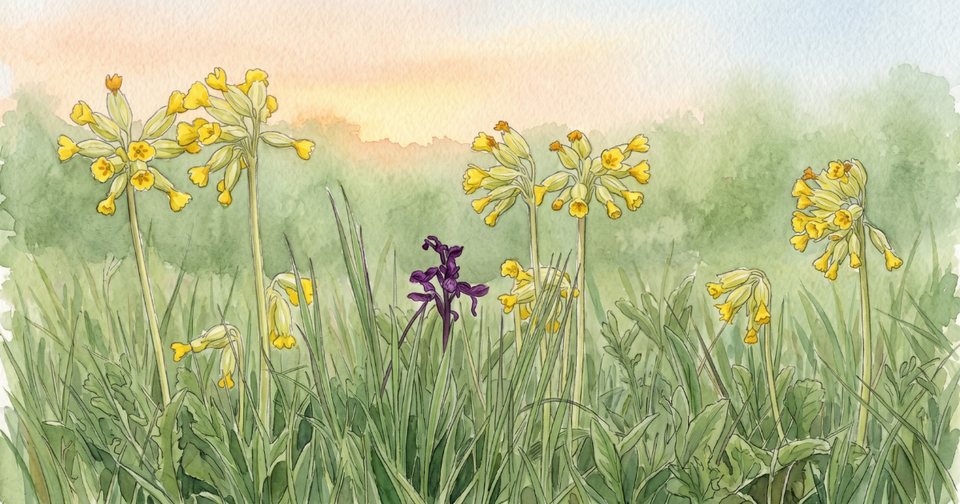 Cowslips (Primula veris) in flower on an ancient meadow in May, with a green-winged orchid (Anacamptis morio) among them, viewed from ground level through long grass.