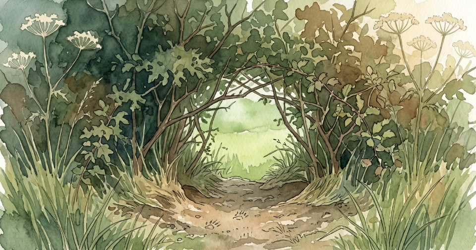 A culverkey at the base of an old English hedgerow in late spring: a worn-through animal-made gap with flattened vegetation and faint paw-prints in the bare earth.