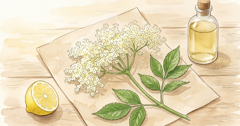 Elder umbel in cream lace against a scrubbed kitchen board, jar of cordial syrup in the corner, morning light from the left.