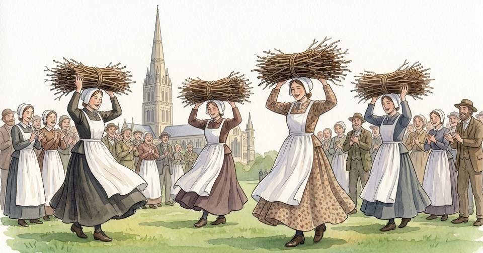 The Nitch Ladies on the green outside Salisbury Cathedral: four women in nineteenth-century fieldworker dress with bundles of hazel and oak twigs balanced on their heads.