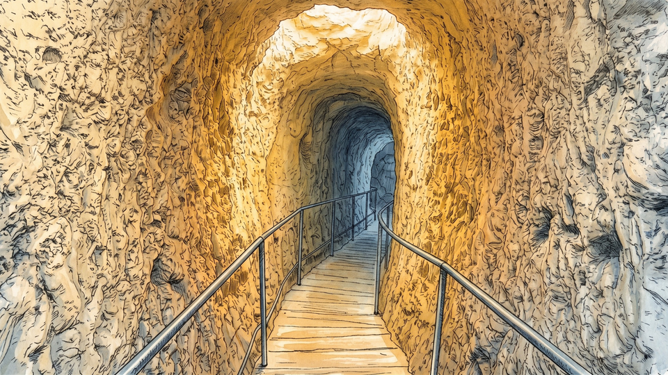 A narrow chalk passage descending underground, warm golden light falling from above onto pale textured walls, metal handrails on both sides.