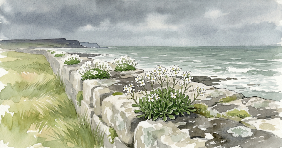 Small white-flowered plants growing in crevices of a salt-weathered coastal wall, sea visible in the background.