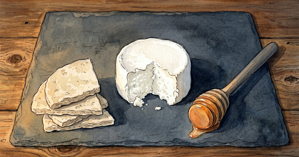 A small round of fresh white sheep's cheese on a dark slate, broken open to show its soft interior, with a stack of oatcakes and a wooden honey-dipper alongside.