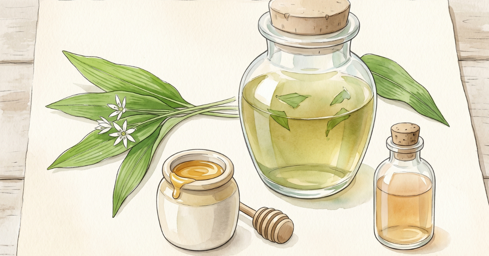 A cork-stoppered glass jar of amber oxymel with wild garlic leaves visible inside, on a dark wooden surface, fresh wild garlic leaves beside it.