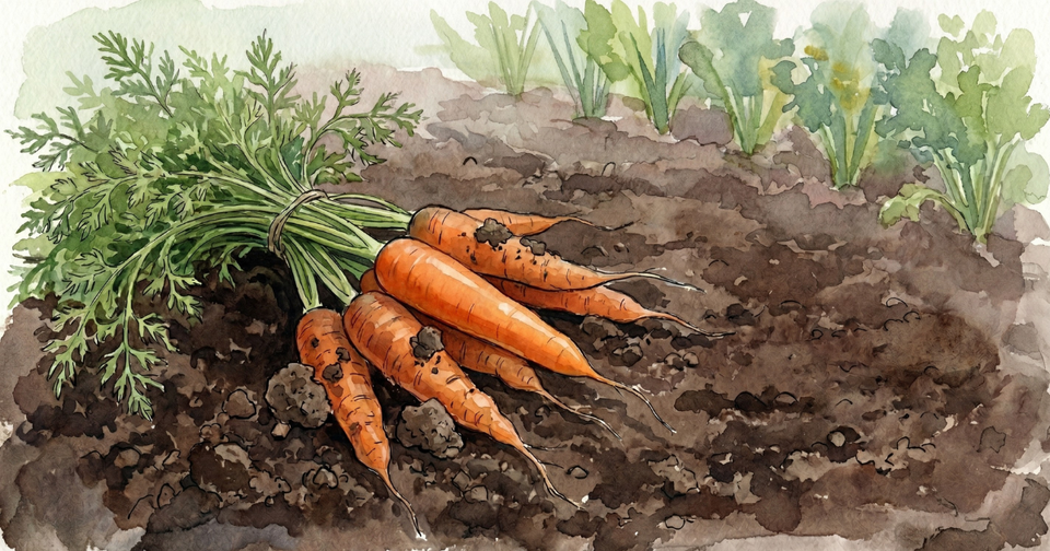 A bunch of freshly pulled carrots with feathery green tops, tied with twine, resting on dark crumbly soil at the edge of a vegetable bed, blurred rows of foliage behind, watercolour.
