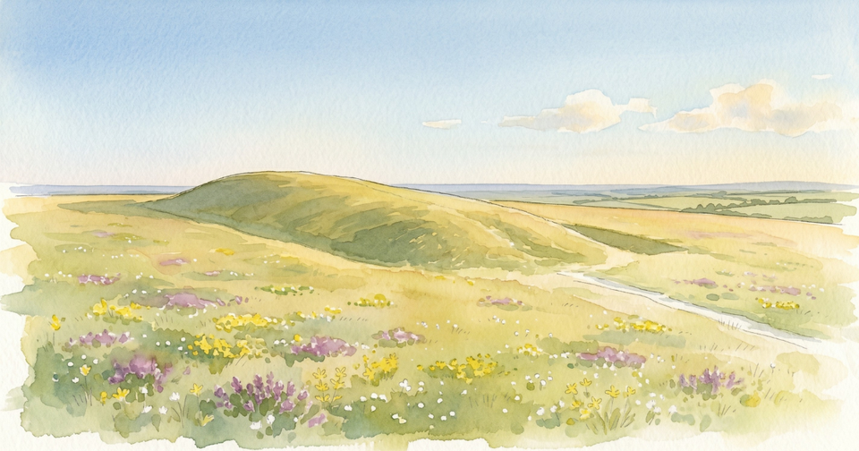 Chalk downland under a wide summer sky: a whale-backed grassy rise, flowery turf scattered with yellow and pink wildflowers, and pale farmland fading toward the horizon. 