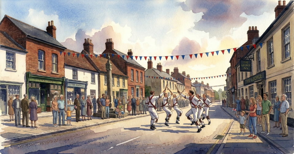 Morris dancers performing in a bunting-strung English market-town street, a crowd watching from both pavements and a tall inn on the right, watercolour.