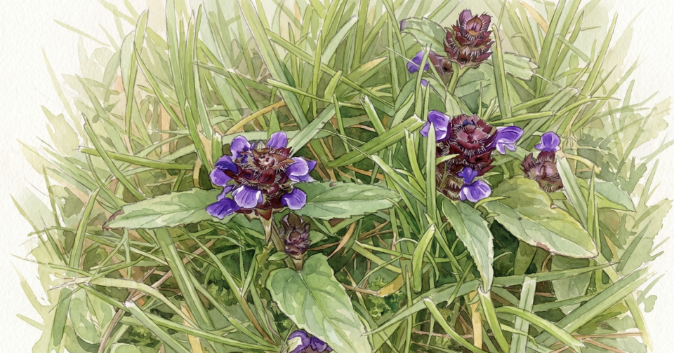 Self-heal in rough grass: short, dark maroon, bristly flower-heads studded with small violet two-lipped flowers, among paired oval leaves and tangled grass blades.