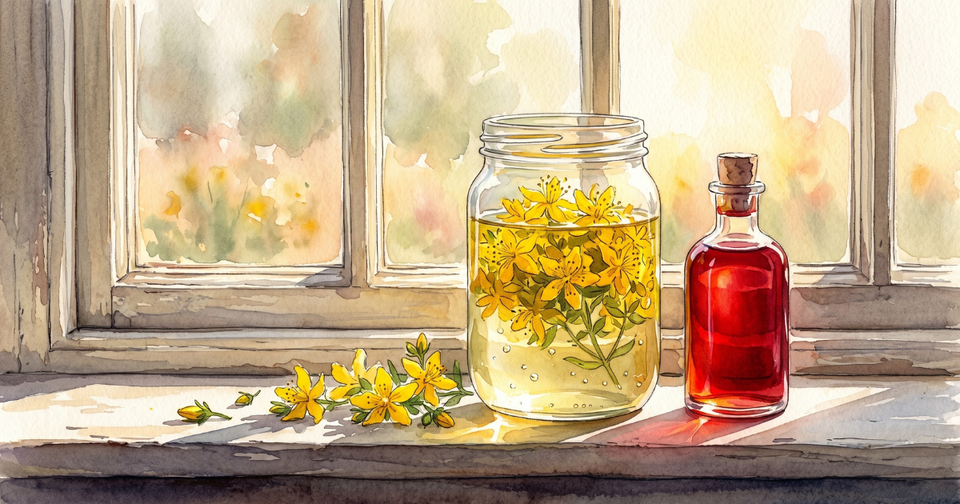 A glass jar of yellow St John's wort flowers steeping in oil on a sunlit windowsill, beside a small bottle of finished deep-red oil, with loose flowers on the sill, watercolour.