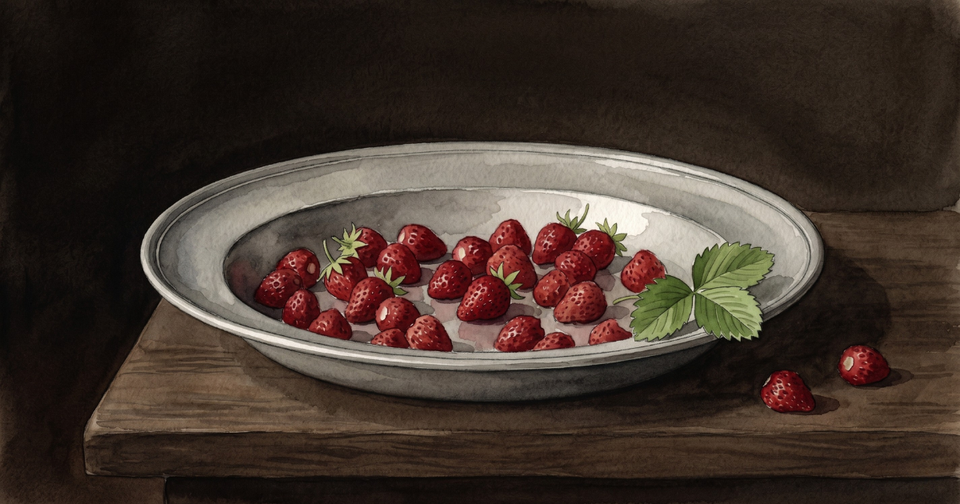 A pewter dish of strawberries on a dark wooden table, two stray berries beside it and a green strawberry leaf on the rim, lit against a near-black background. 