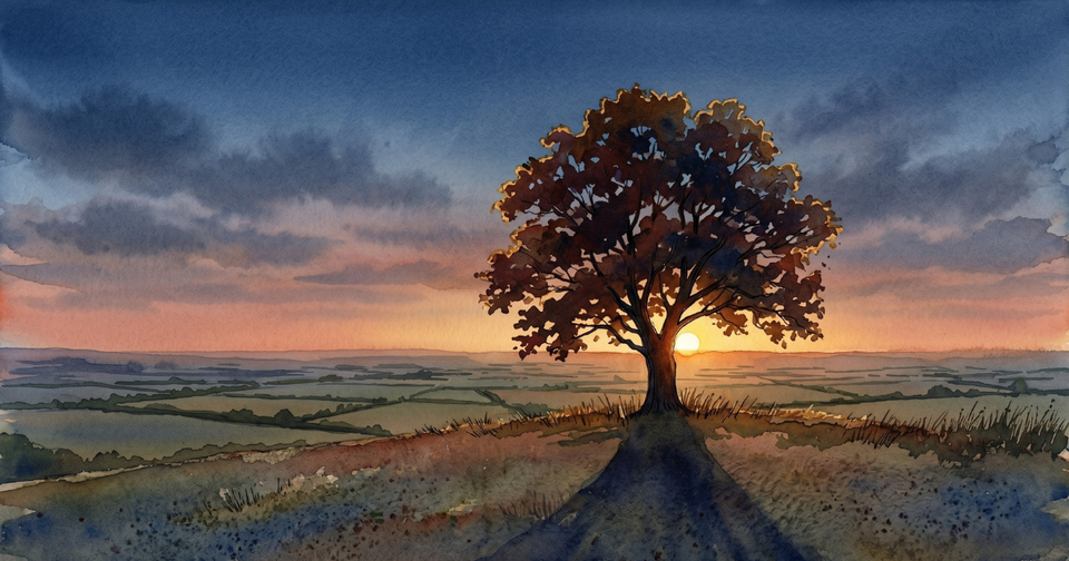 A lone broad-canopied tree on a ridge at sunset, the sun low and golden behind its trunk, a long shadow falling down a track toward fields below, watercolour.