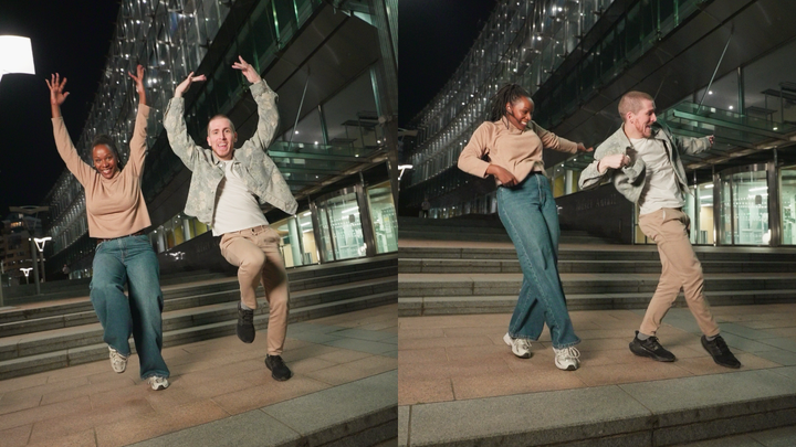 2 stills from the dance video. (1) Coco and Slim B are looking at the camera. (2) Coco and Slim B are looking to the side.