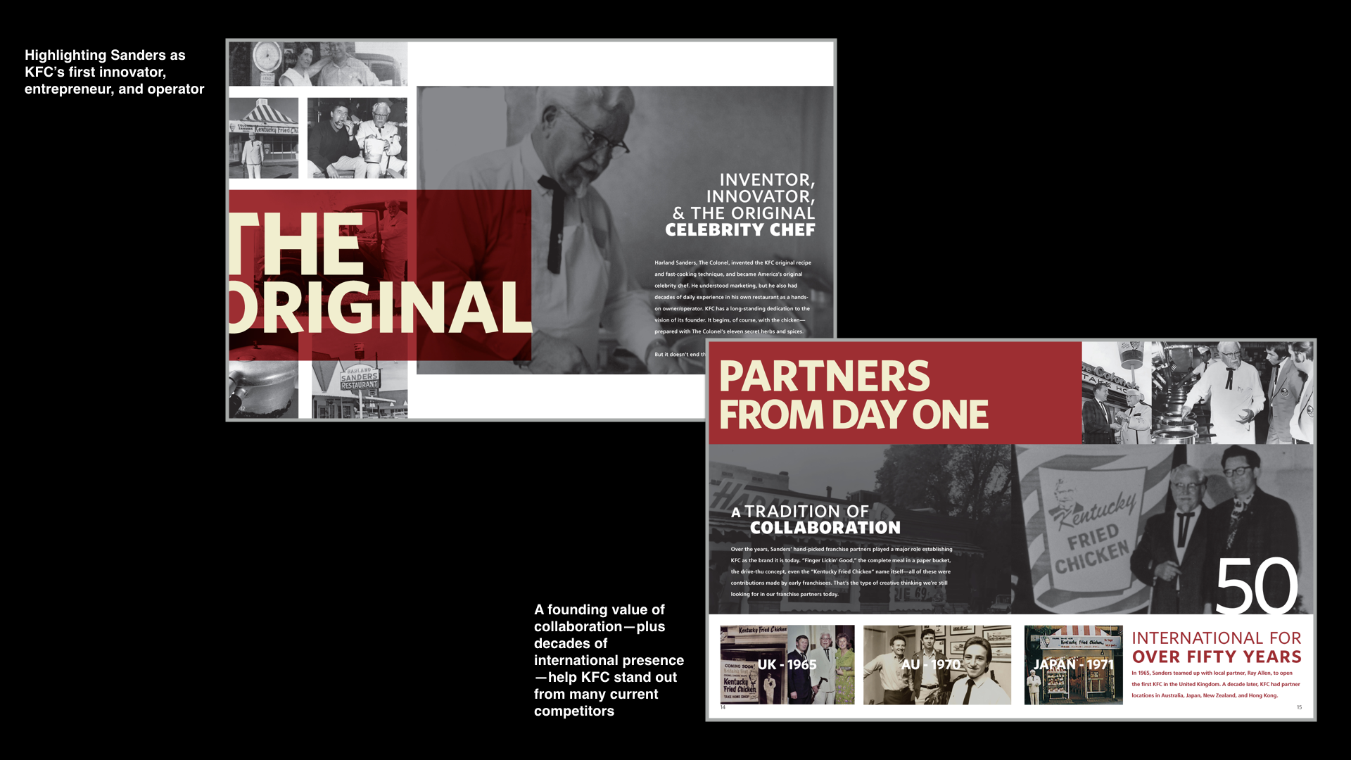 Spreads 'The Original,' presenting Colonel Sanders as inventor and celebrity chef, and 'Partners from Day One,' on more than 50 years of international franchising.