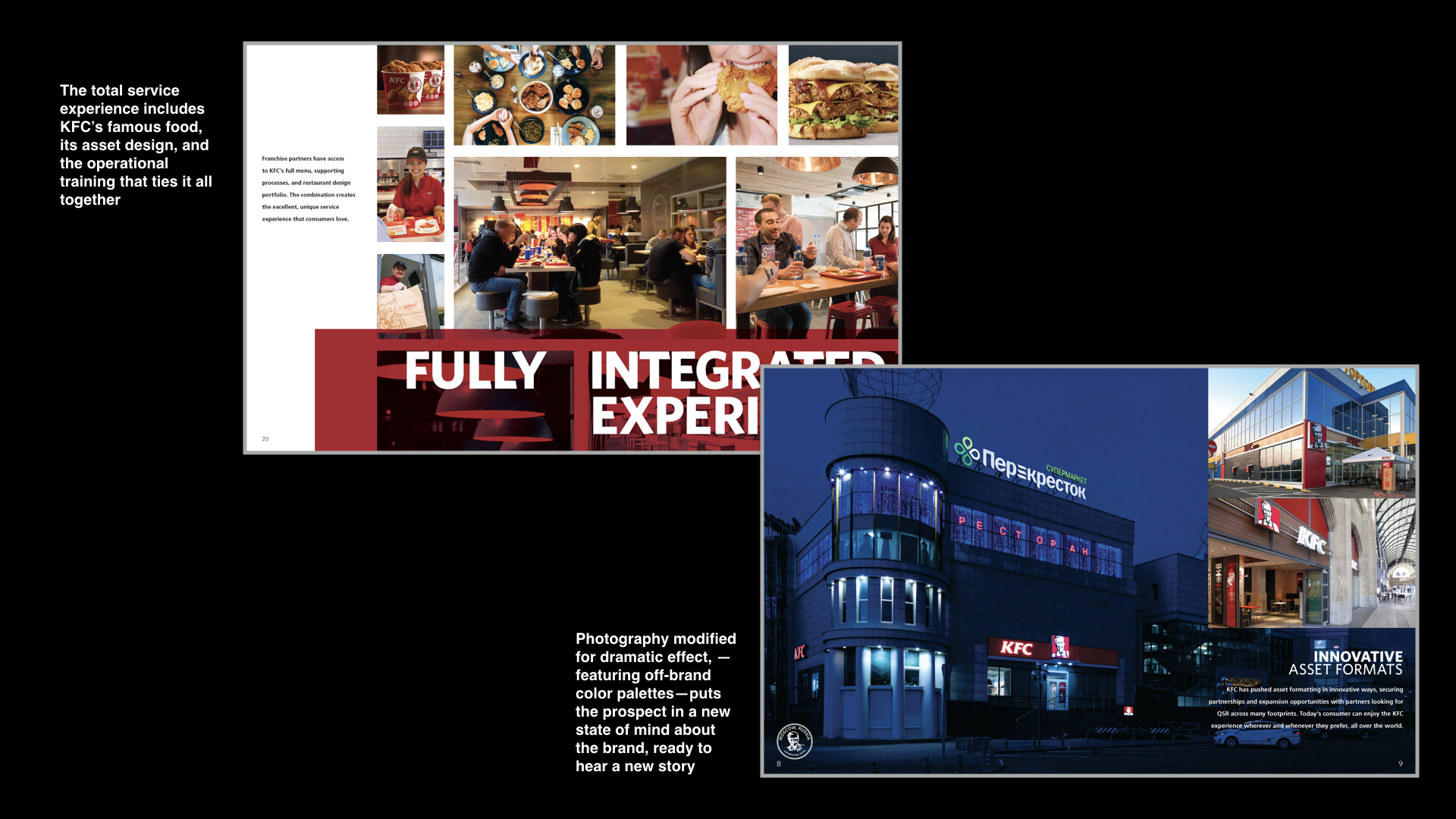 Spreads 'Fully Integrated Experience,' a collage of food and diners, and 'Innovative Asset Formats,' showing dramatically lit KFC locations worldwide.