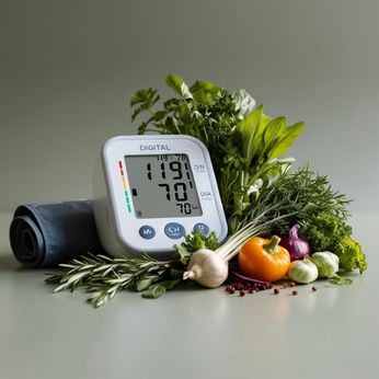 how to reduce blood pressure naturally, image of blood pressure monitor with vegetables and healthy foods.