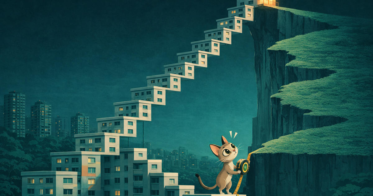 Atlas measures a staircase of housing blocks that ends in one extraordinary leap.