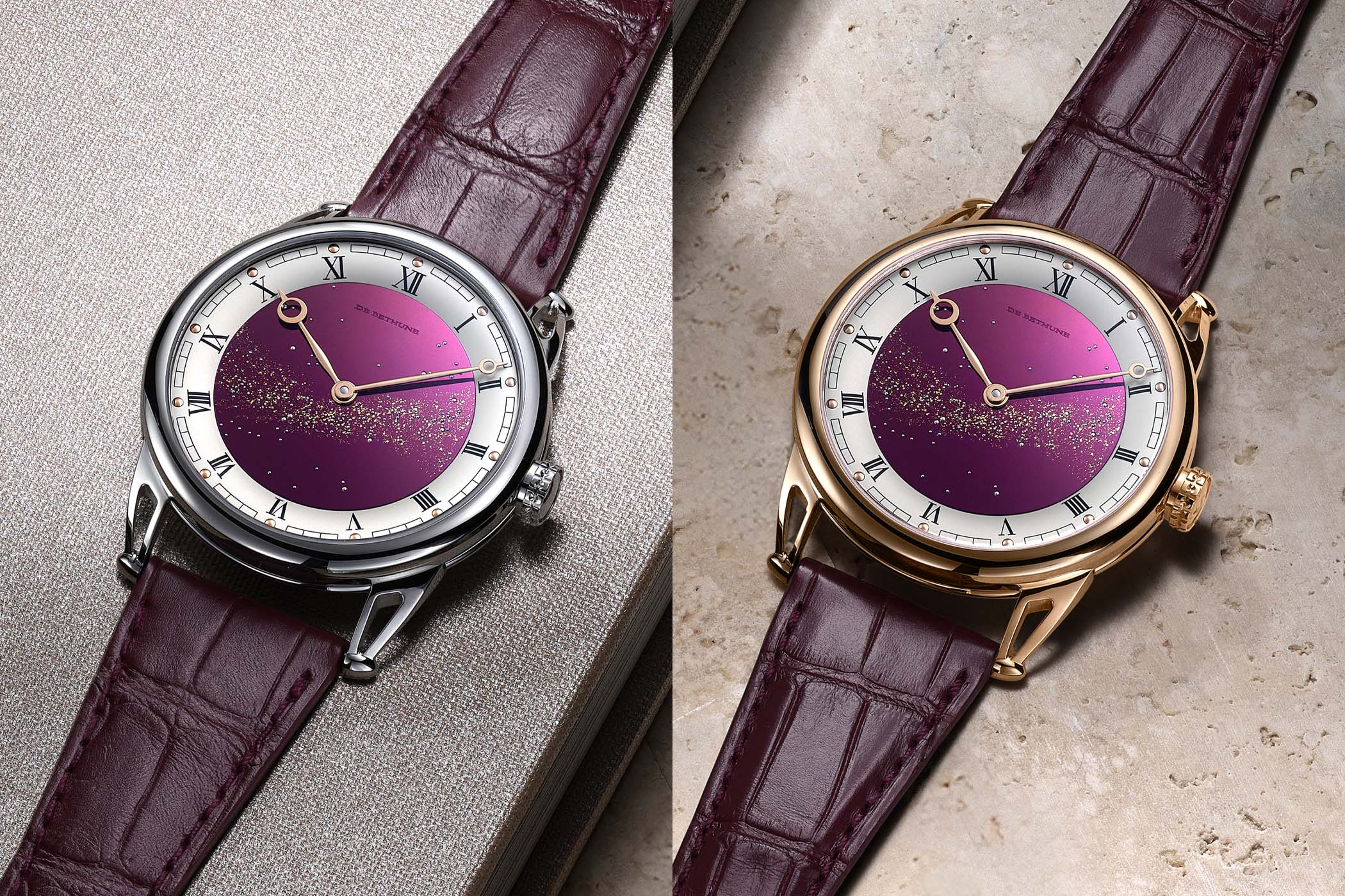 De Bethune DB25xs Starry Varius watches in white gold and rose gold with deep purple dials, gold star patterns, and burgundy leather straps — a poetic take on modern horology.