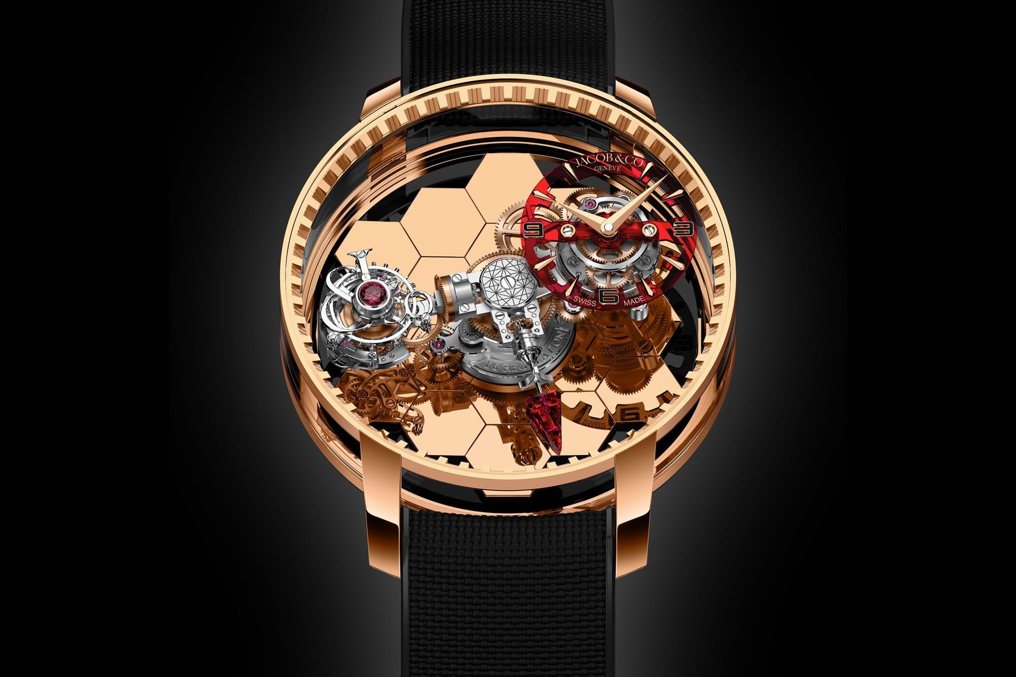 Jacob & Co timepiece featuring an open-worked mechanical movement with a red and gold dial, complex tourbillon, and hexagonal design details on a black strap.