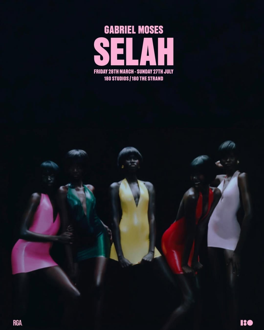 Poster for Gabriel Moses’ film SELAH, showing models in sculptural dresses against a dark background, lit in soft pink and blue tones.