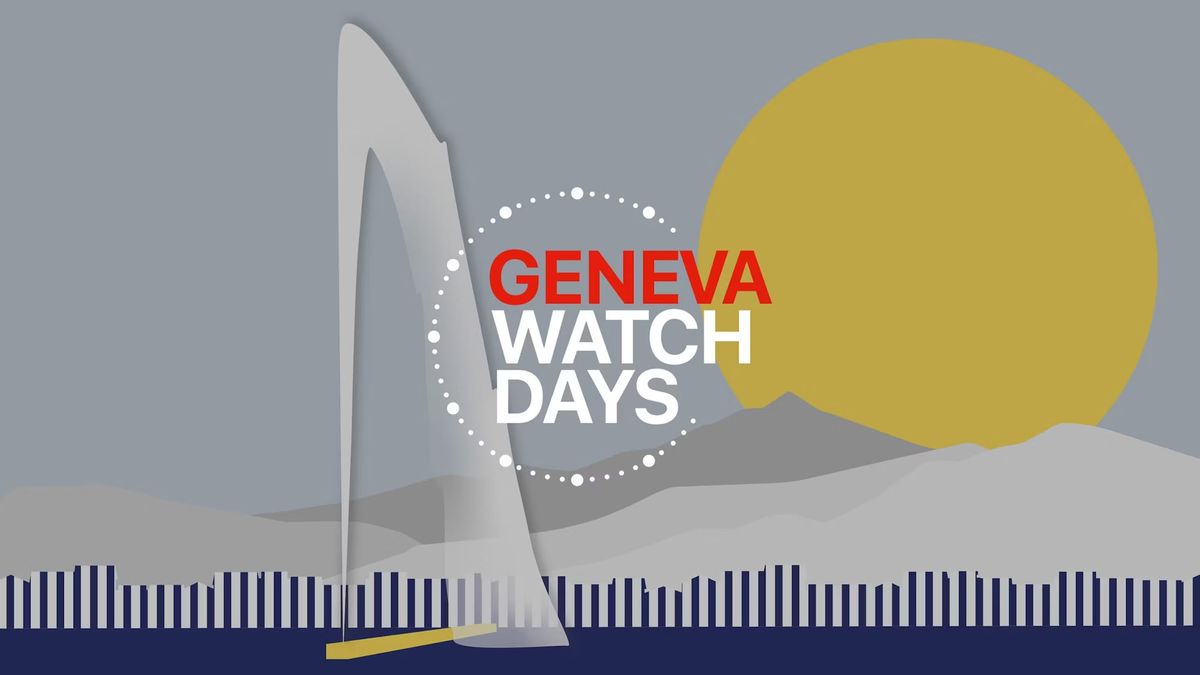 Geneva Watch Days logo over an illustrated backdrop of the Jet d’Eau, mountains, and sunset, representing Switzerland’s celebration of independent watchmaking.