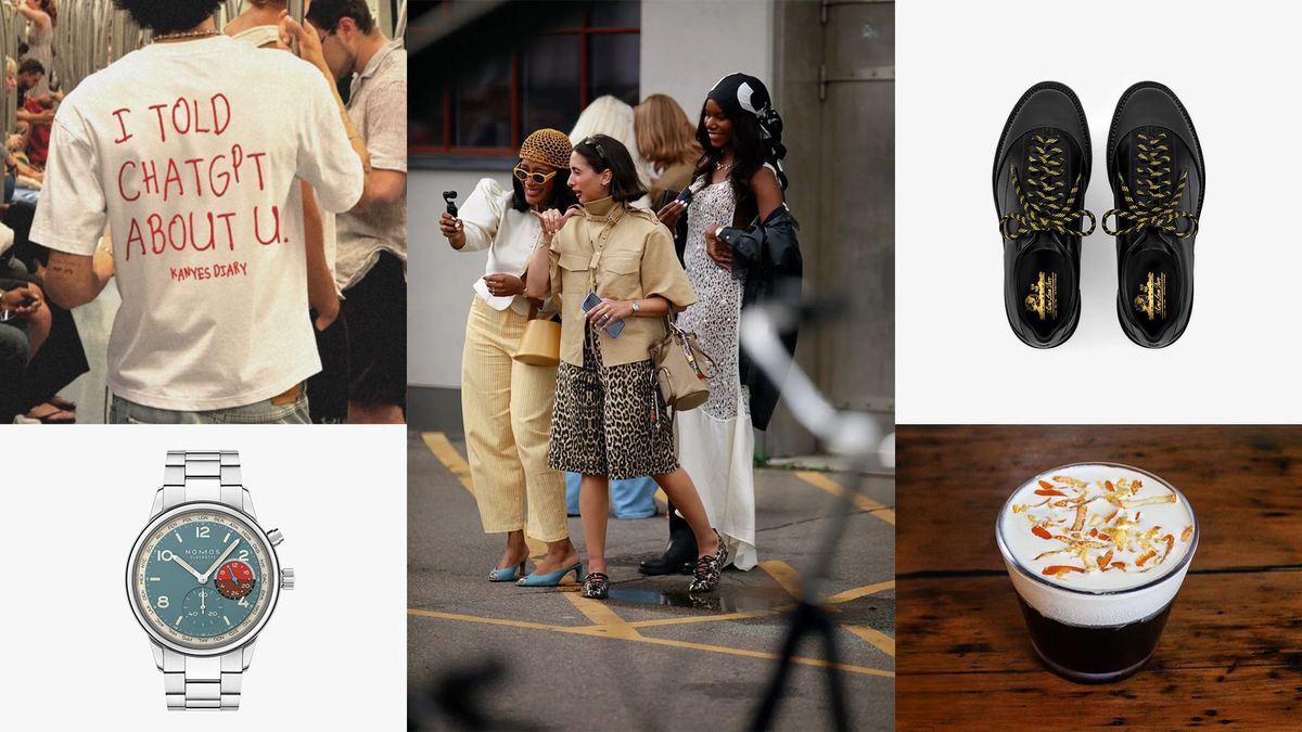 Collage of Super Niche finds — featuring street-style photography, a NOMOS watch, designer loafers, a fashion crowd selfie, a graphic T-shirt, and a coffee served with orange zest