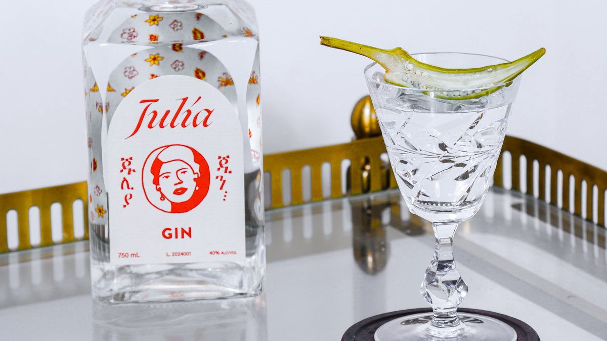 Close-up of Júlia Gin bottle with minimalist red label and a crystal cocktail glass garnished with cucumber, styled on a reflective brass tray for a modern, refined aesthetic.