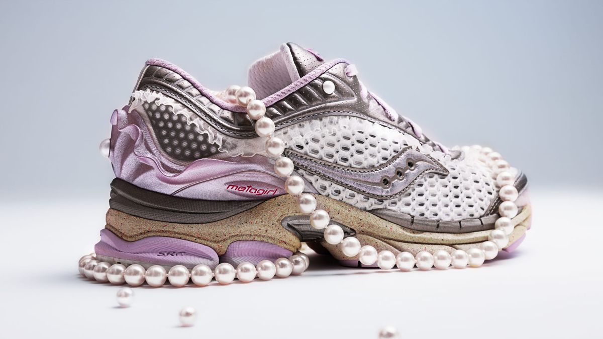 A pair of sculptural pastel sneakers wrapped in pearls, reimagining performance design through softness and luxury. A concept by Metagirl exploring the beauty of contrast in sneaker culture