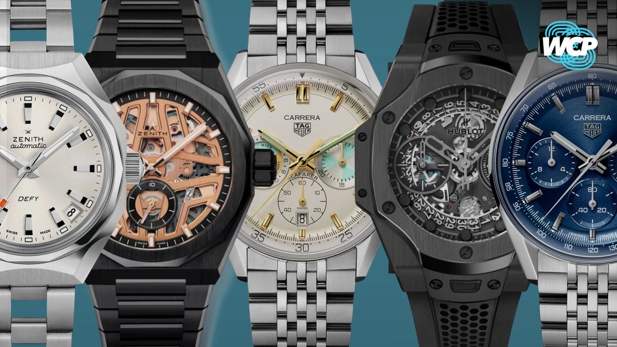 A lineup of TAG Heuer, Zenith, and Hublot watches showcased side by side, featuring vintage-inspired Carrera designs, black ceramic skeleton models from LVMH Watch Week 2026.