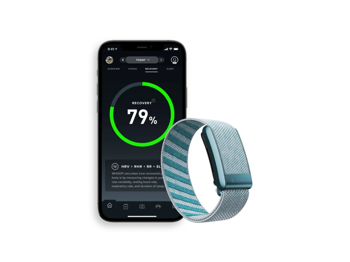 A sotck image of a Whoop band beside a phone displaying the Whoop app