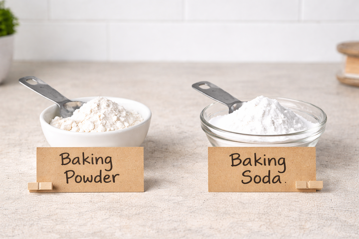Two small bowls of white powder sit side by side on a countertop, each with a metal spoon. Handwritten cards label them “Baking Powder” and “Baking Soda” for easy comparison.